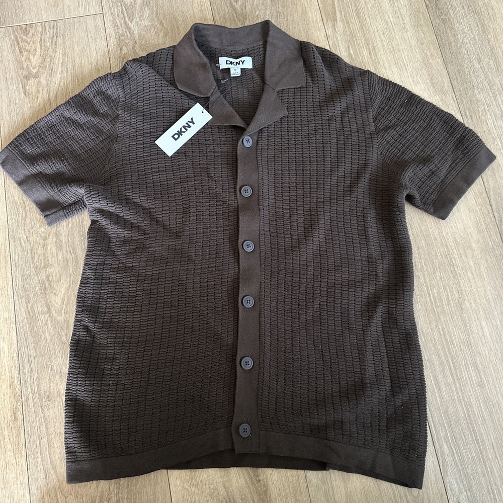 DKNY Men's S/S Polo Knit Cardigan Button Up Brown Small NWT